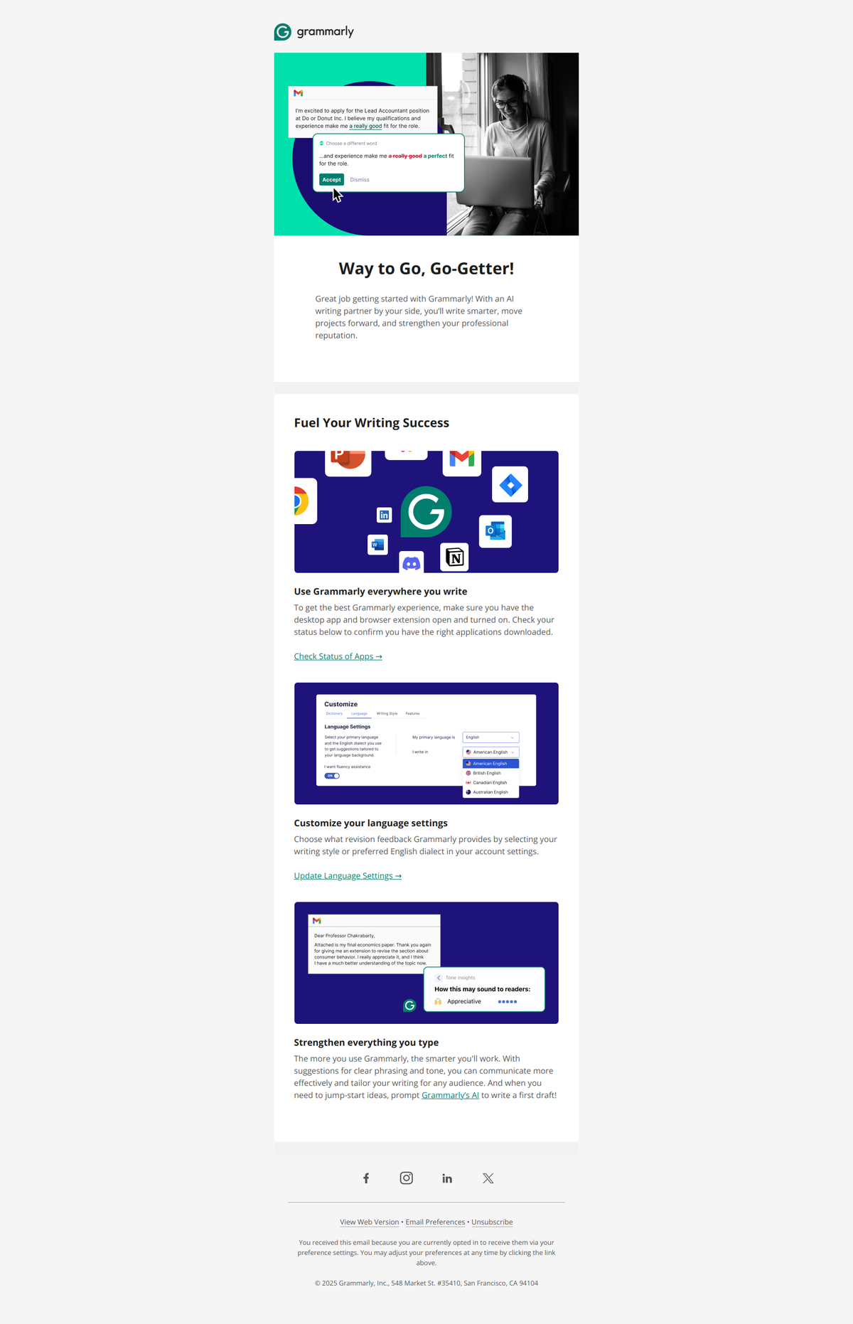 Grammarly milestone email