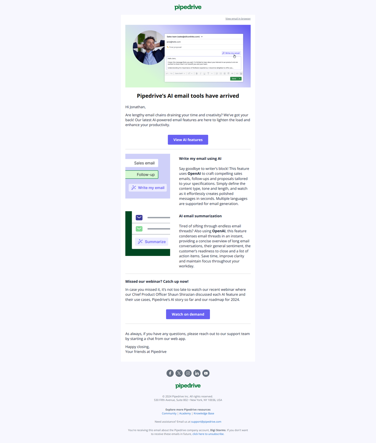 Pipedrive AI feature email