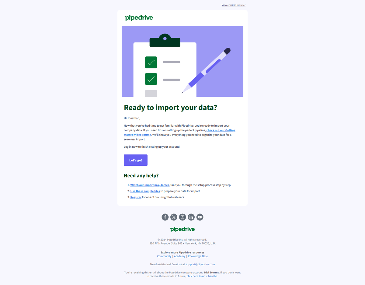 Pipedrive setup urgency email