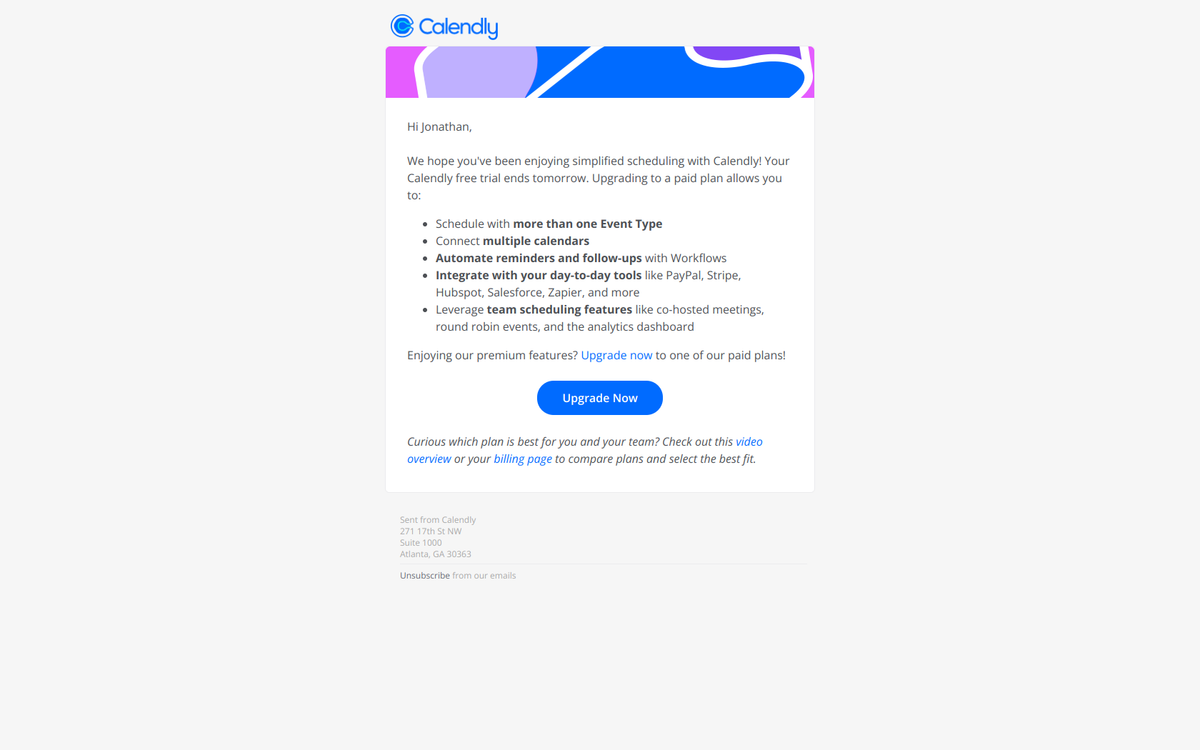 Calendly trial ending email