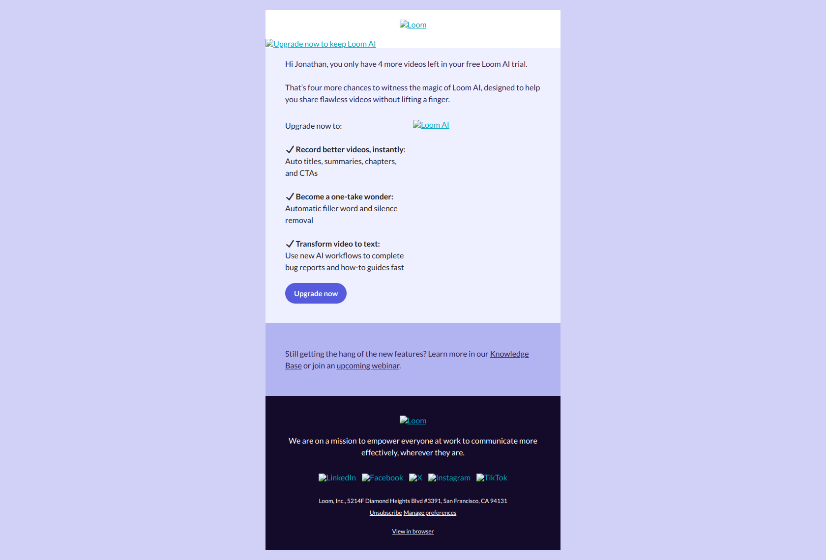 Loom upgrade CTA email