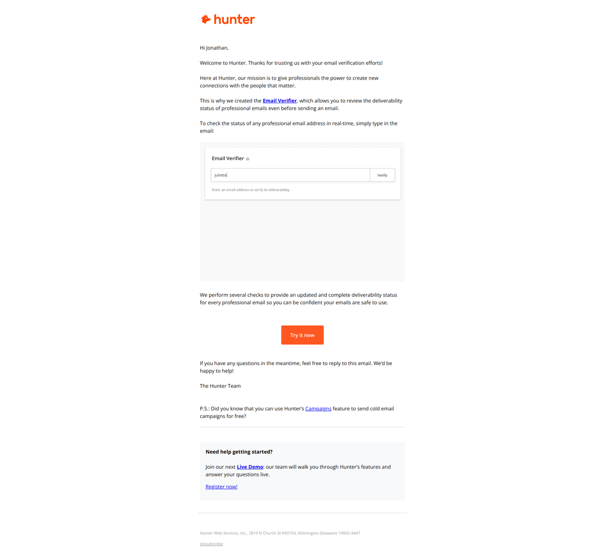 Hunter welcome email