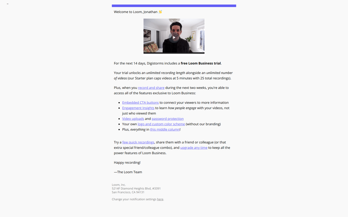 Loom welcome email screenshot