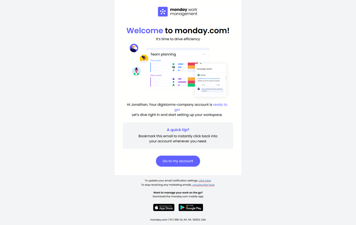 Monday welcome email