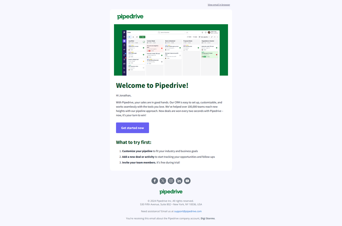 Pipedrive welcome email