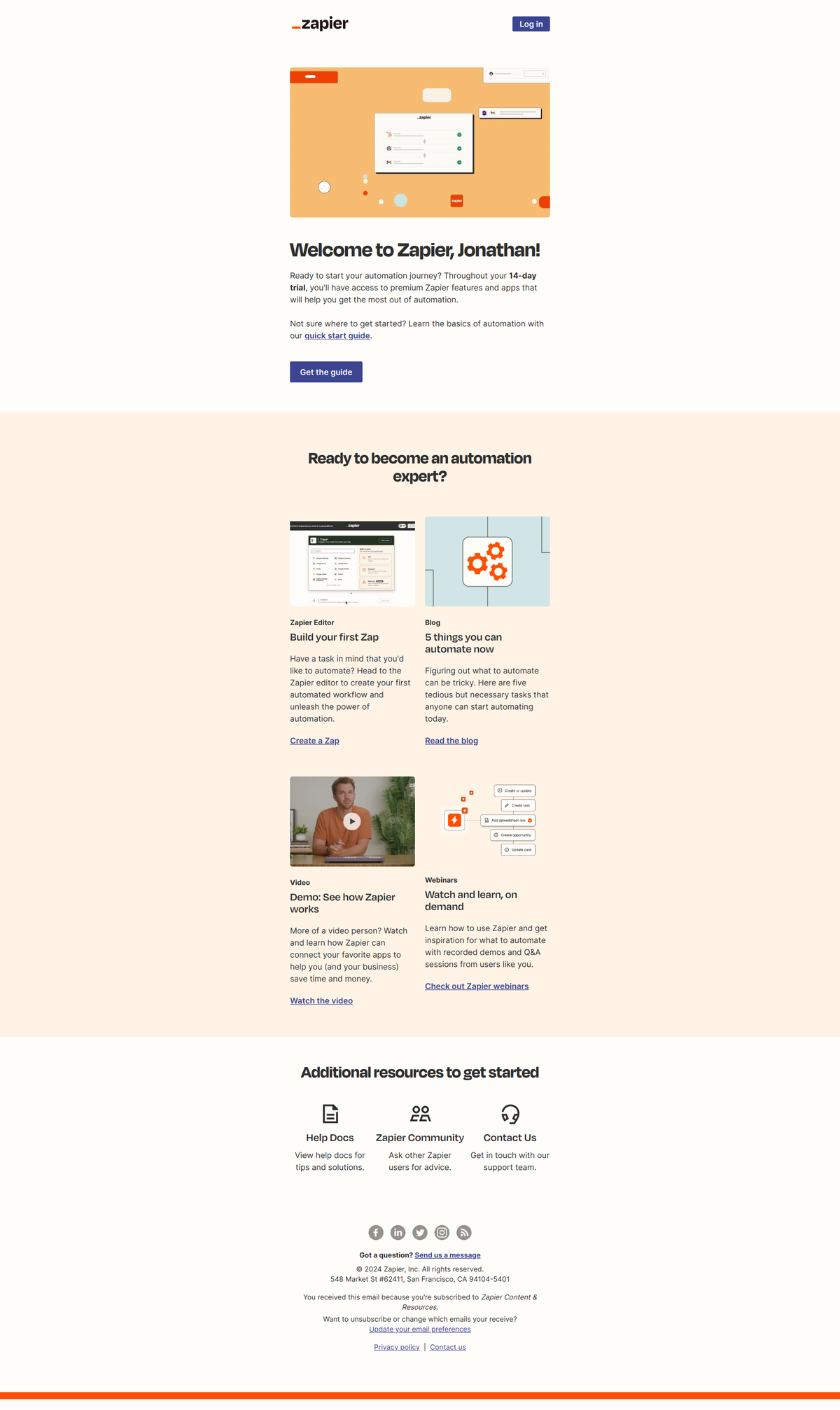 Zapier welcome email